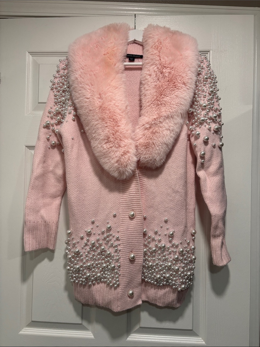 Boston Proper Pink Faux Fur Collar Pearl-Embellished Cardigan
